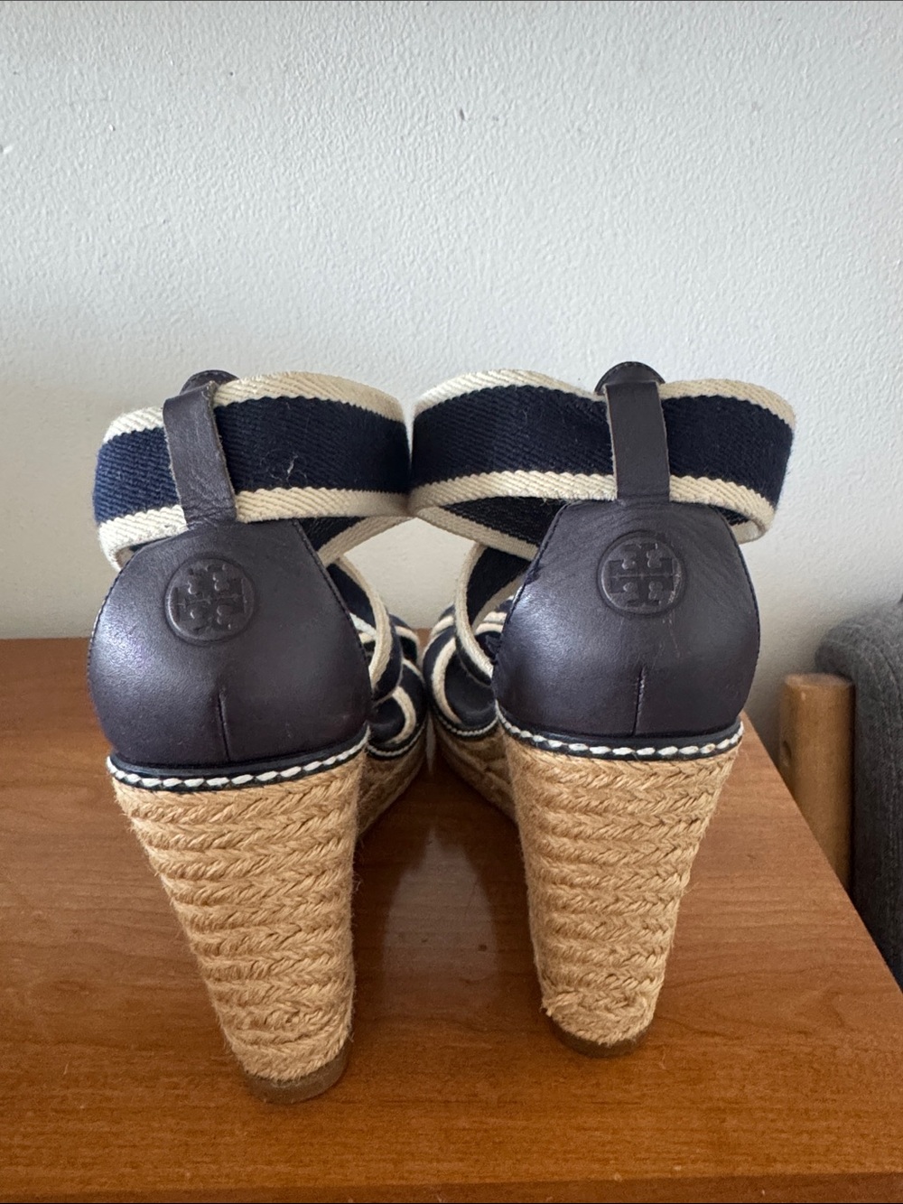 Tory Burch Navy and Cream Espadrille Wedge Sandals - Picture 2 of 5